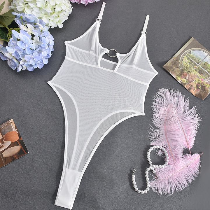 Solid Color O Ring Cutout Mesh Bodysuit