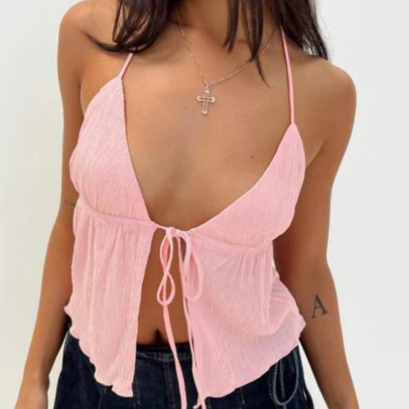 Crinkle Halter Tie‑Front Open Cami Top