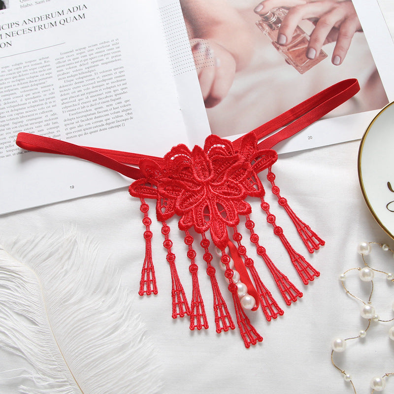 Floral Lace Tassel Pearl Thong