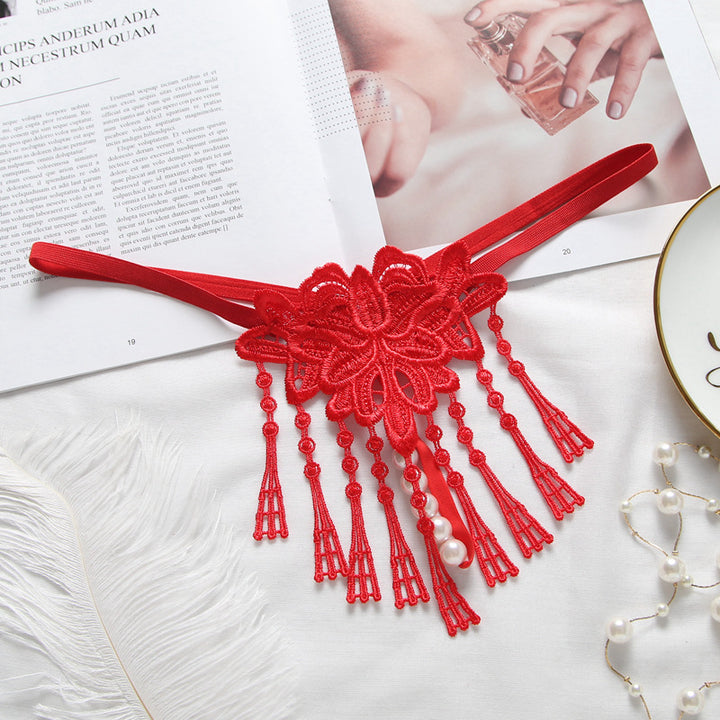 Floral Lace Tassel Pearl Thong