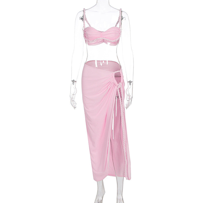 Rope Strap Crop Top & Side‑Slit Maxi Skirt Set