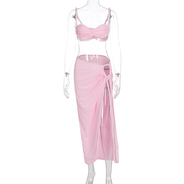 Rope Strap Crop Top & Side‑Slit Maxi Skirt Set