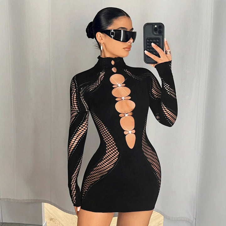 Mesh Cutout Long Sleeve Mini Dress