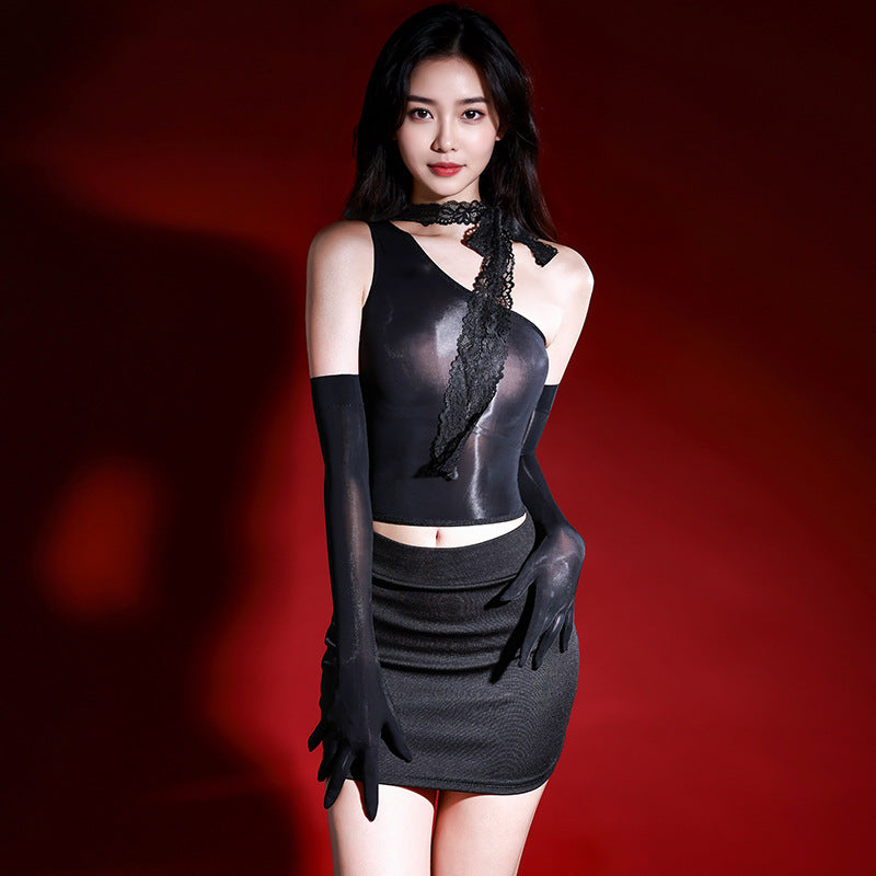 Elegance Seductive Crop Top With Lace Streamer&Gloves