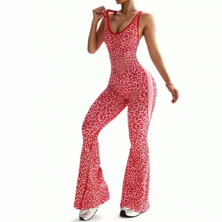 Leopard Print Scoop Neck Flare Leg Jumpsuit