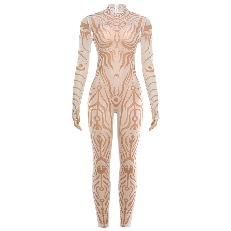 Tribal Tattoo Print Sheer Mesh Catsuit