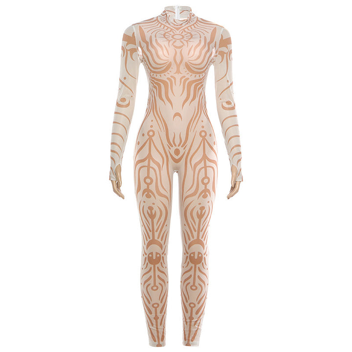 Tribal Tattoo Print Sheer Mesh Catsuit