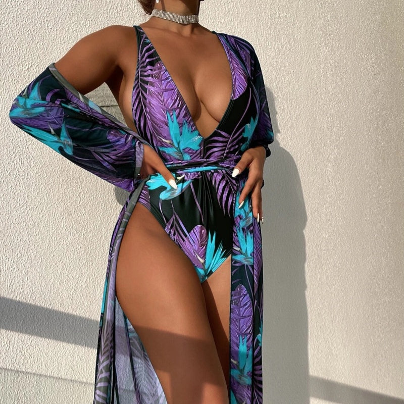 Tropical Seduction Robe Plunge Swimsuit Set