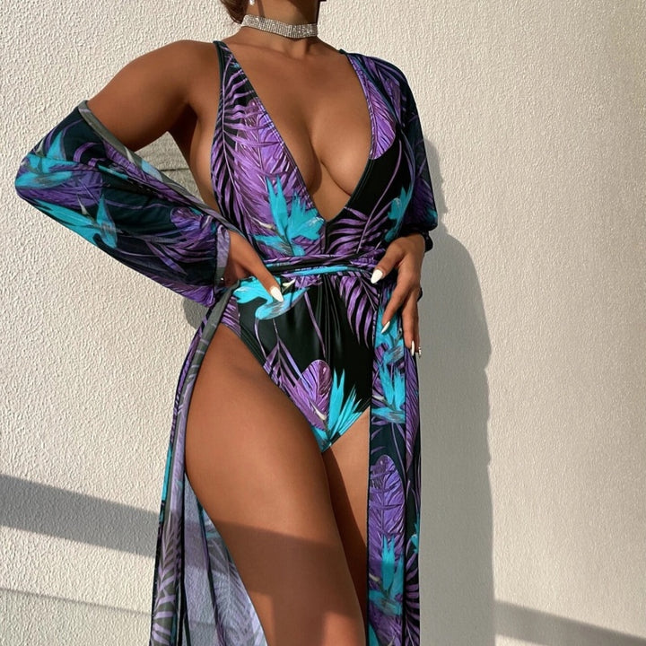 Tropical Seduction Robe Plunge Swimsuit Set