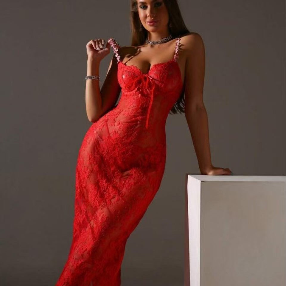 Floral Lace Sheer Mesh Maxi Slip Dress