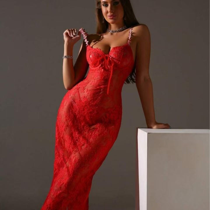 Floral Lace Sheer Mesh Maxi Slip Dress
