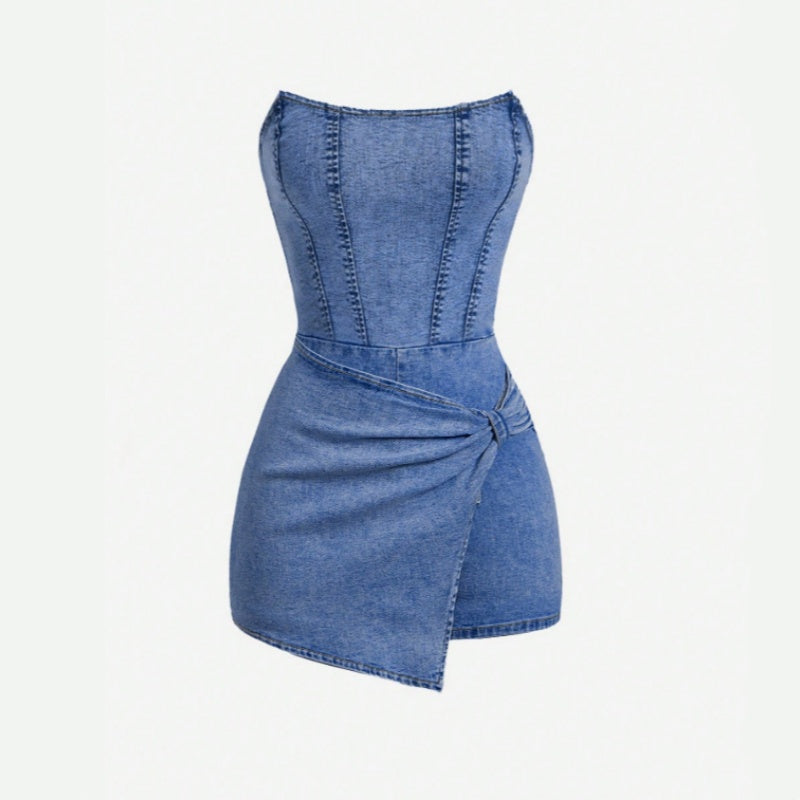 Strapless Corset Stitch Denim Skort Romper