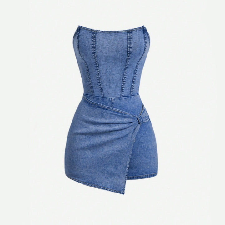 Strapless Corset Stitch Denim Skort Romper