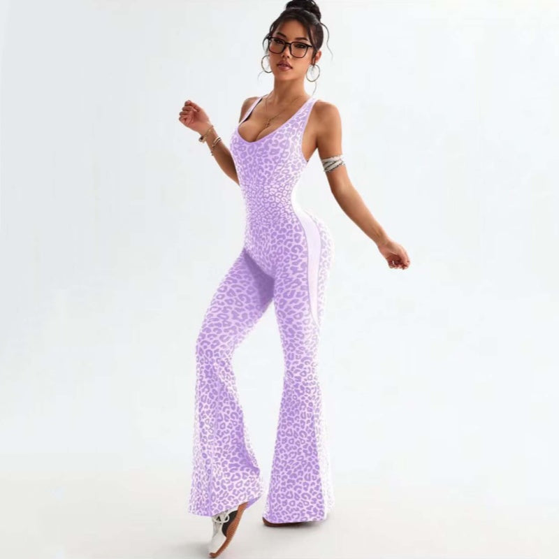 Leopard Print Scoop Neck Flare Leg Jumpsuit