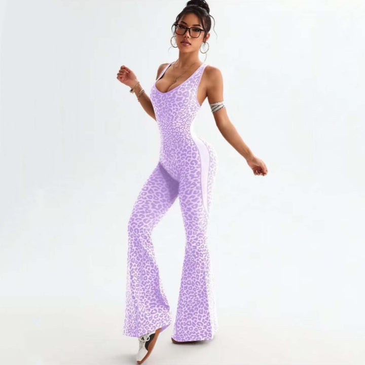Leopard Print Scoop Neck Flare Leg Jumpsuit