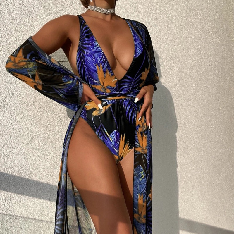 Tropical Seduction Robe Plunge Swimsuit Set
