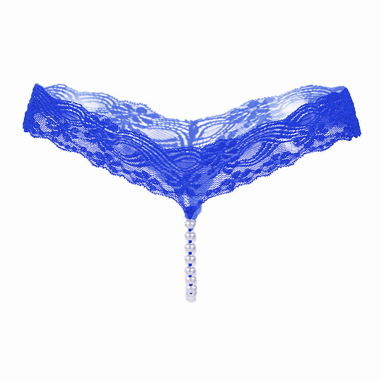 Pearl-Embellished Lace Thong