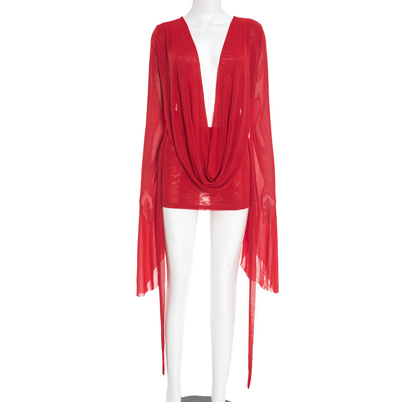 Flare Long Sleeve Draped Dress