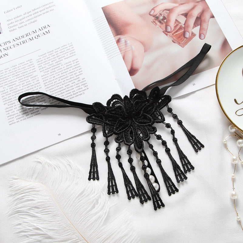 Floral Lace Tassel Pearl Thong