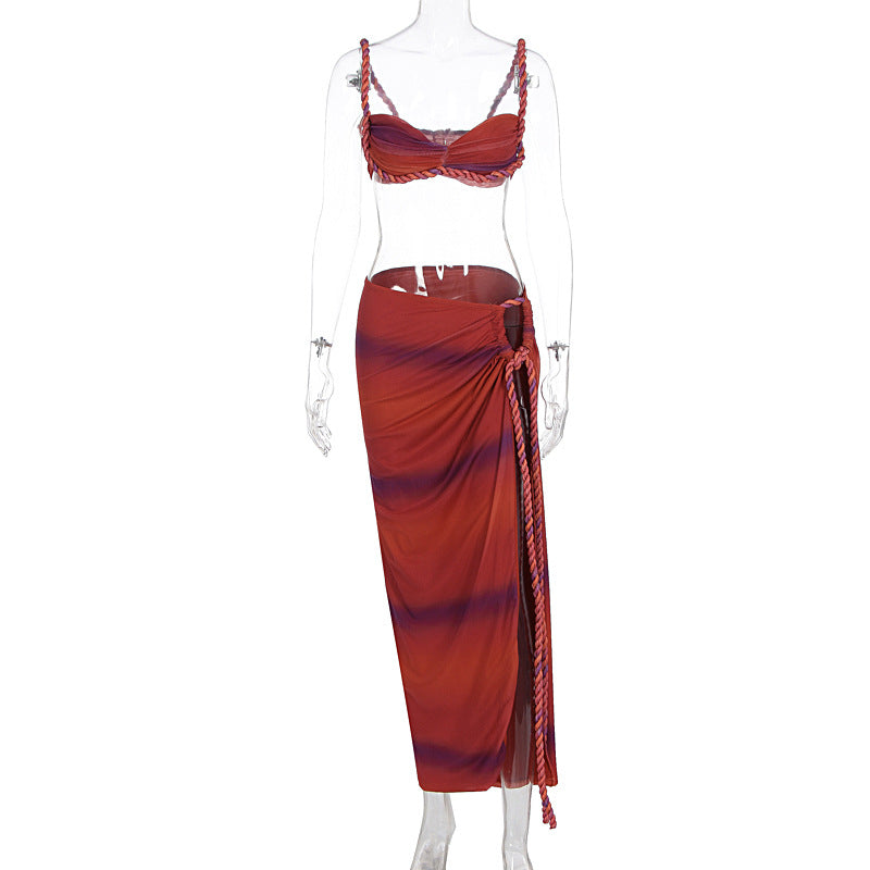 Rope Strap Crop Top & Side‑Slit Maxi Skirt Set