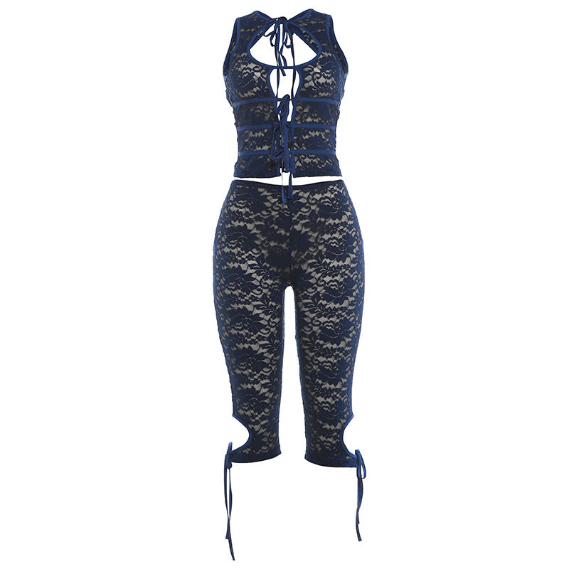 Floral Lace Cutout Tie Front Matching Set