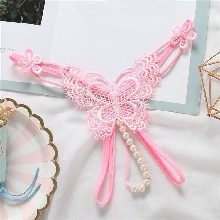 Butterfly Lace Dangling Pearl Thong