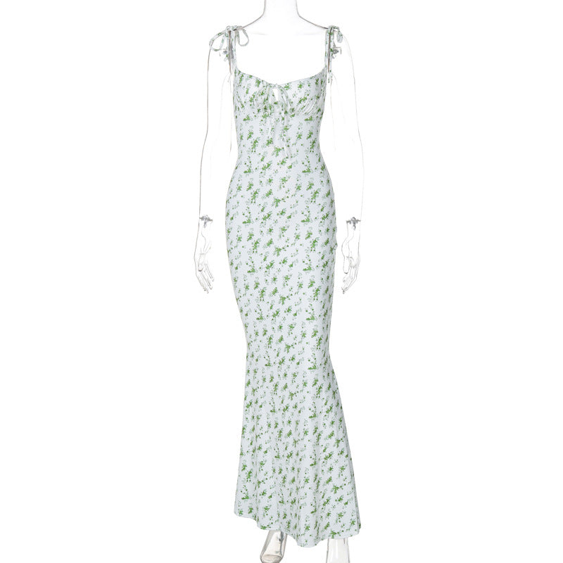 Tie‑Strap Ditsy Floral Mermaid Maxi Dress