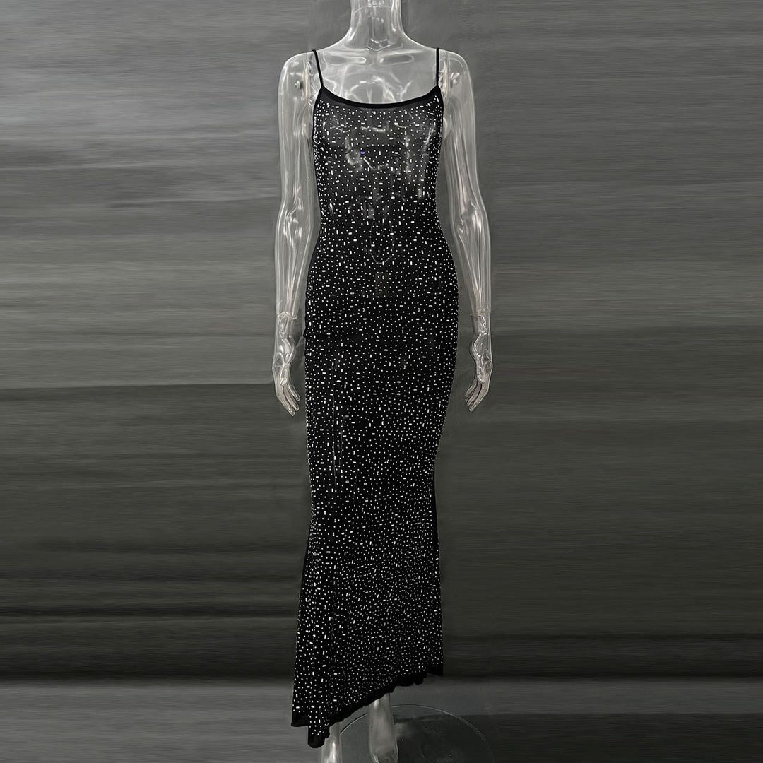 Sparkle Rhinestone Mesh Maxi Slip Dress