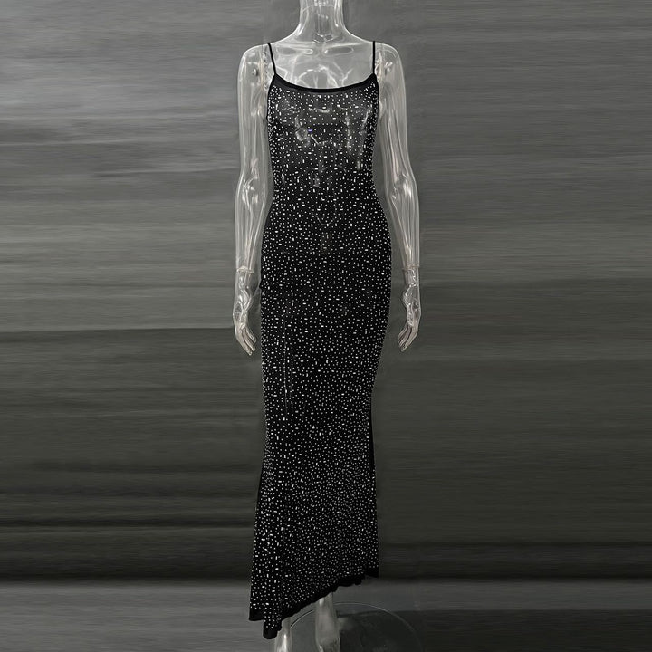 Sparkle Rhinestone Mesh Maxi Slip Dress