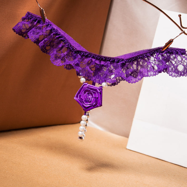 Rose Charm Pearl Drop Lace Ruffle Thong