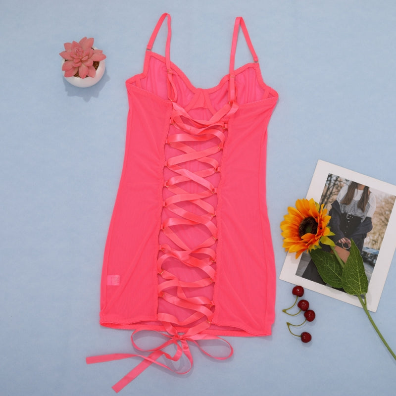Sheer Mesh Lace-Up Back Mini Lingerie Dress