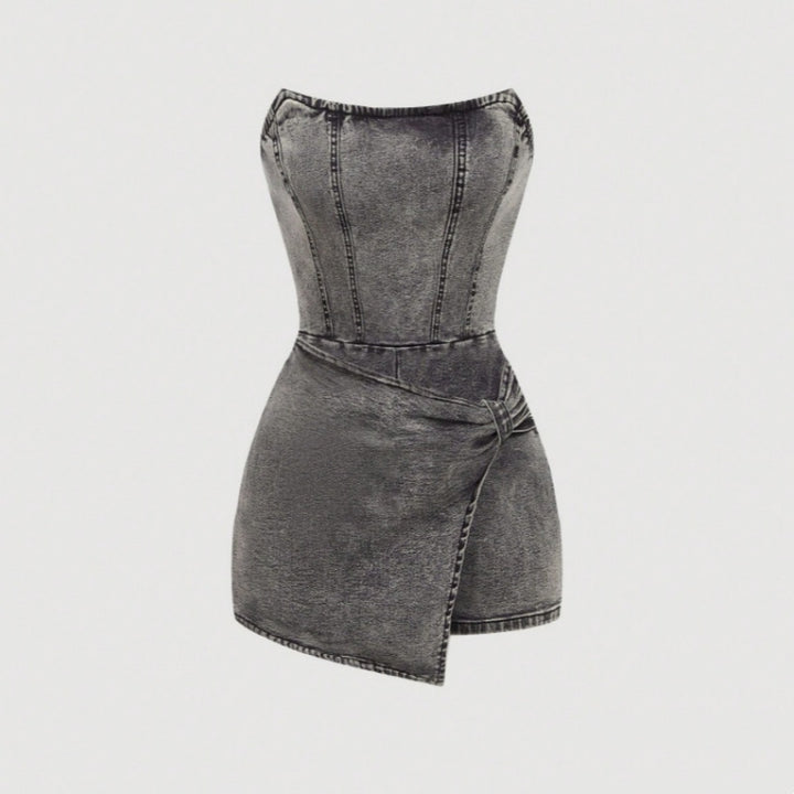 Strapless Corset Stitch Denim Skort Romper