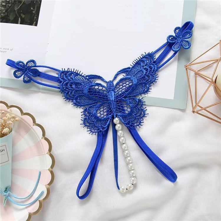 Butterfly Lace Dangling Pearl Thong