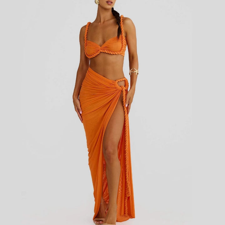 Rope Strap Crop Top & Side‑Slit Maxi Skirt Set