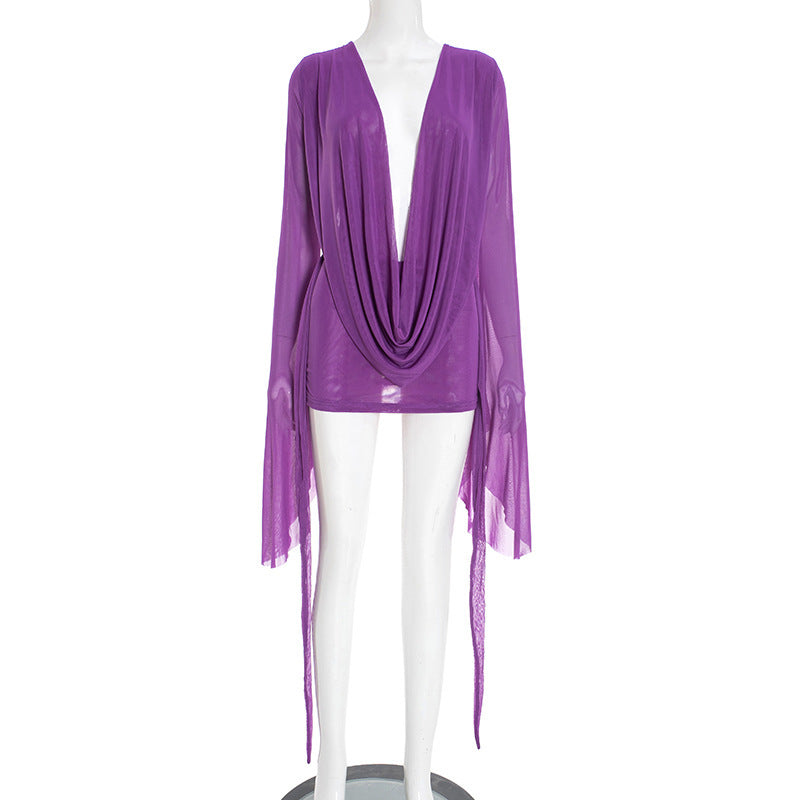 Flare Long Sleeve Draped Dress