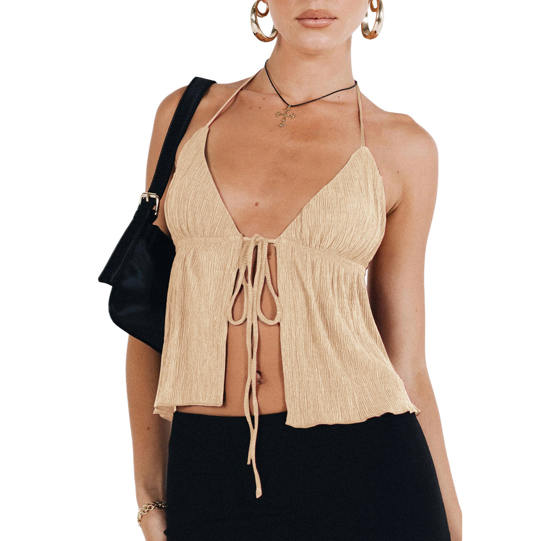 Crinkle Halter Tie‑Front Open Cami Top