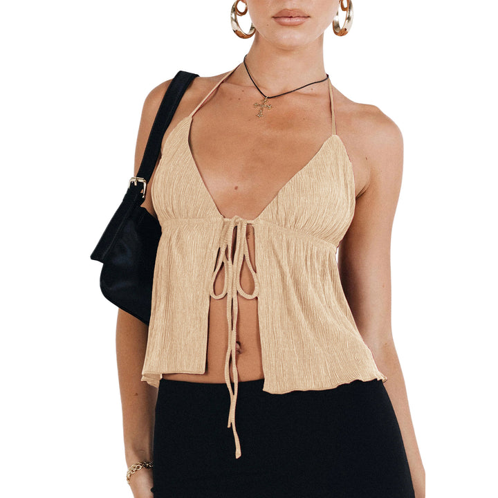 Crinkle Halter Tie‑Front Open Cami Top