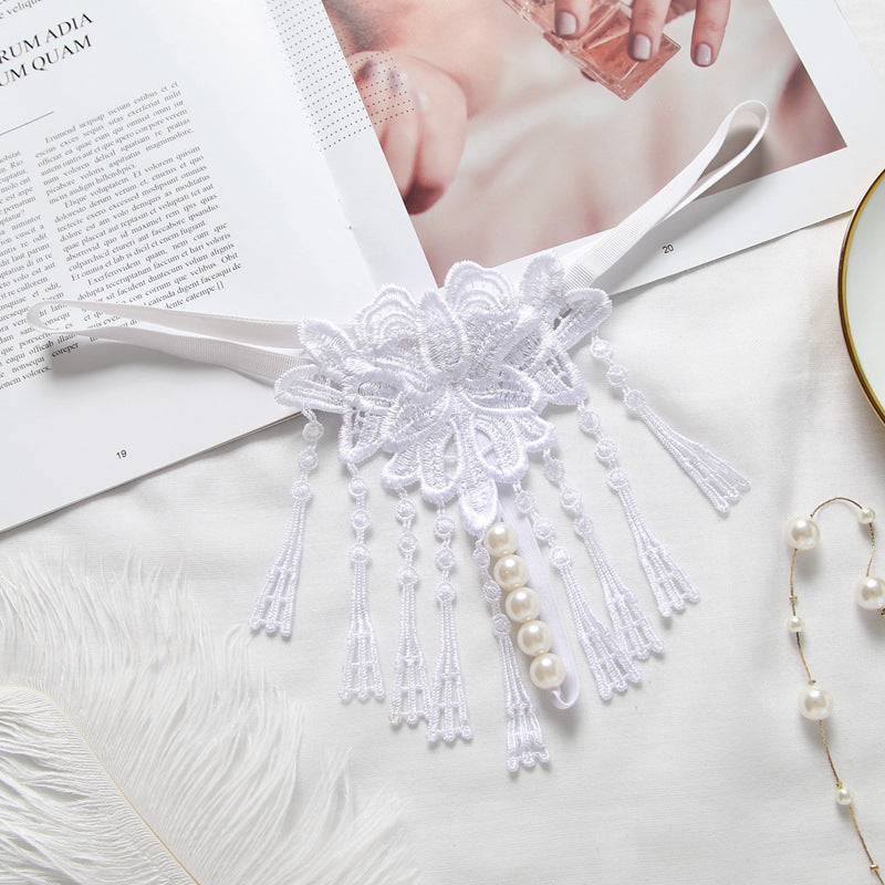 Floral Lace Tassel Pearl Thong