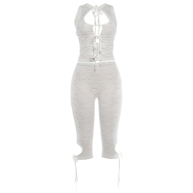 Floral Lace Cutout Tie Front Matching Set