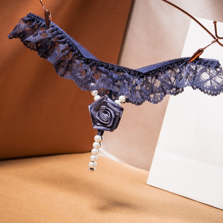Rose Charm Pearl Drop Lace Ruffle Thong