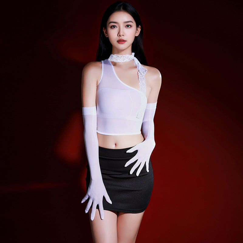 Elegance Seductive Crop Top With Lace Streamer&Gloves