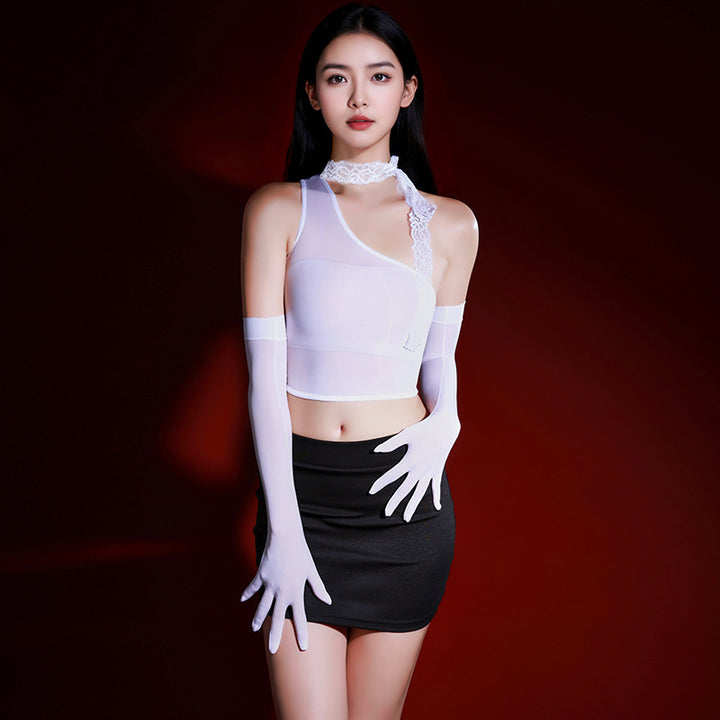 Elegance Seductive Crop Top With Lace Streamer&Gloves