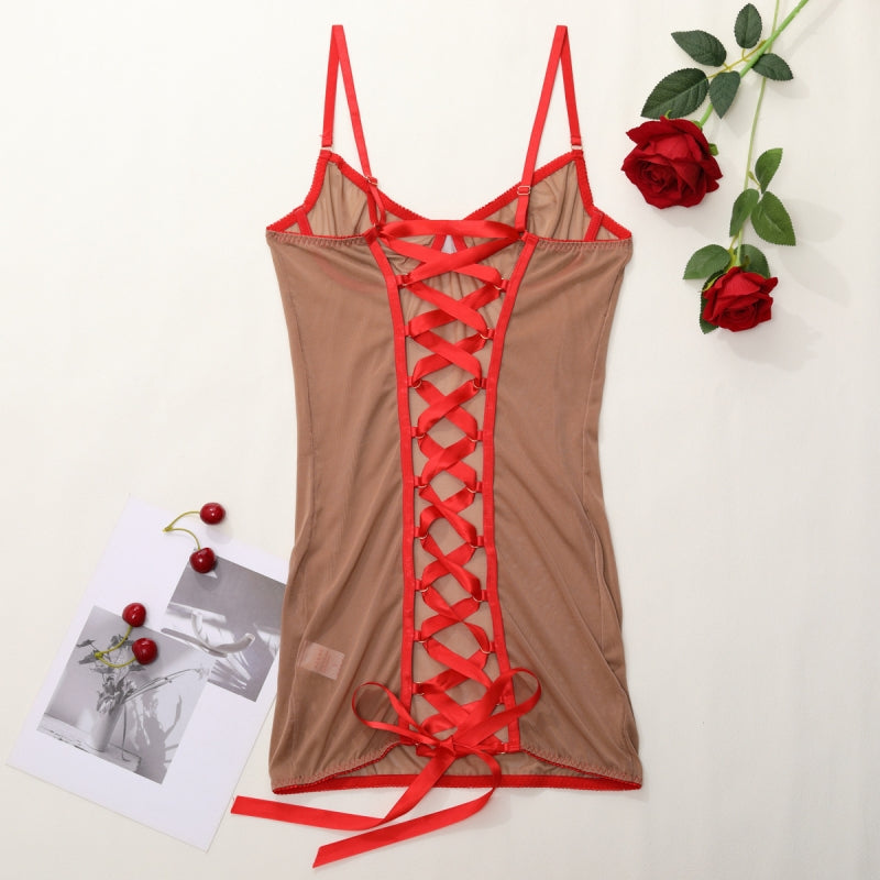 Sheer Mesh Lace-Up Back Mini Lingerie Dress