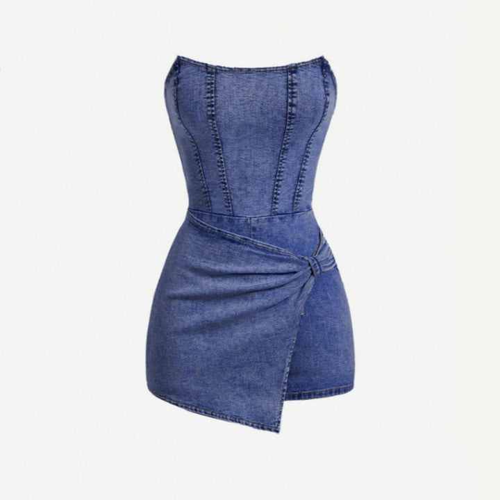 Strapless Corset Stitch Denim Skort Romper