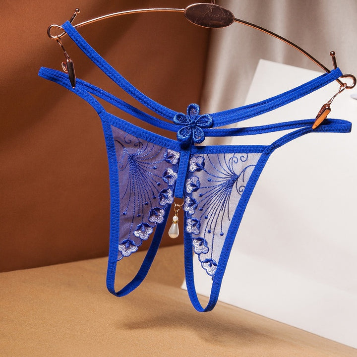 Embroidered Pearl Drop Sheer Open Crotch Panties