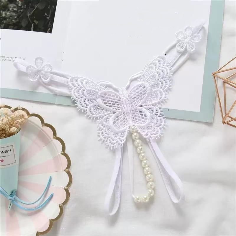 Butterfly Lace Dangling Pearl Thong