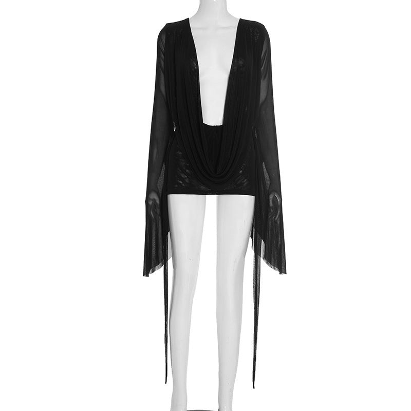 Flare Long Sleeve Draped Dress