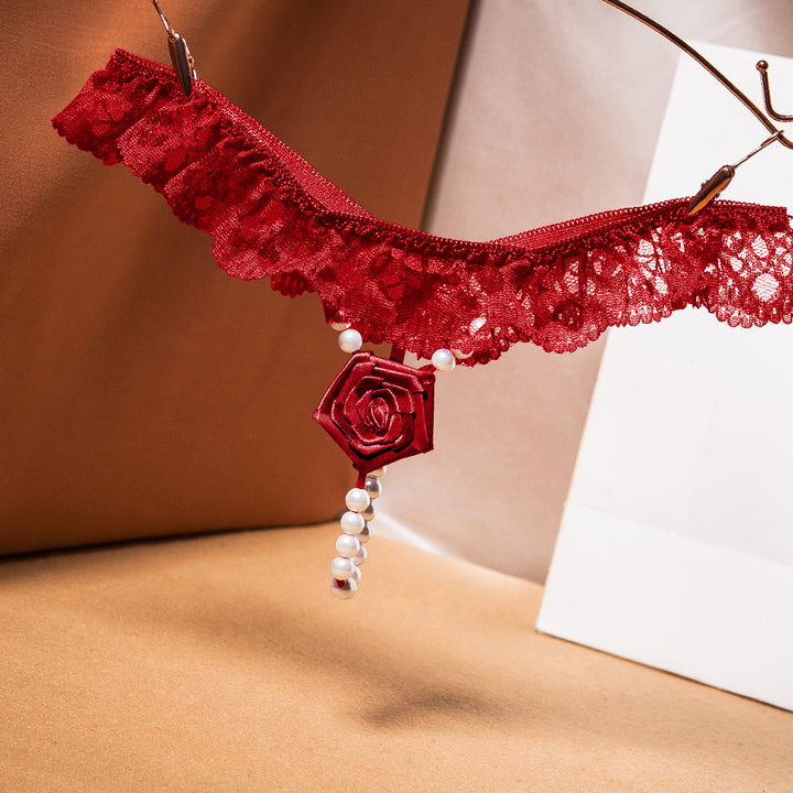 Rose Charm Pearl Drop Lace Ruffle Thong
