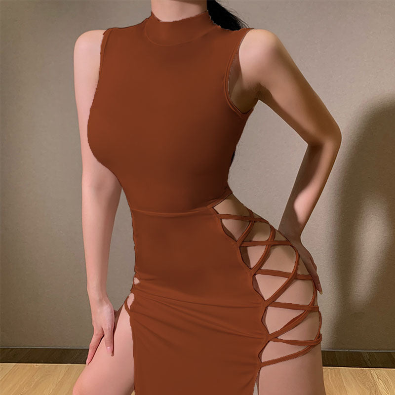 Side Lace-Up Cutout High Slit Bodycon Maxi Dress