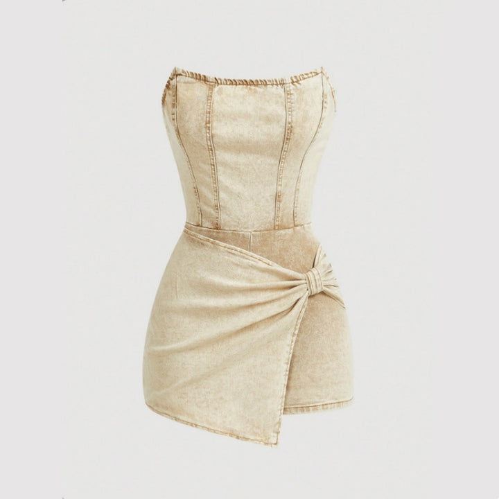 Strapless Corset Stitch Denim Skort Romper